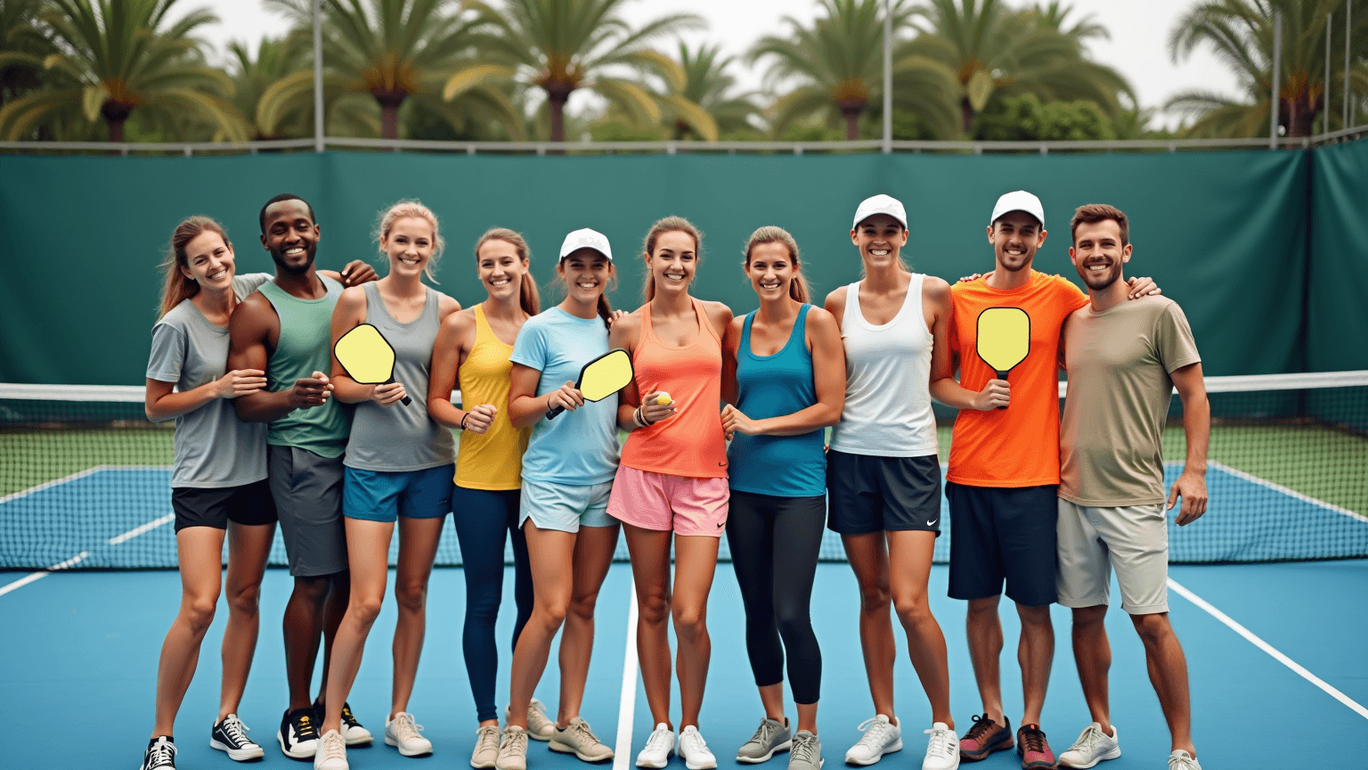 Diverse group of pickleball players smiling on court